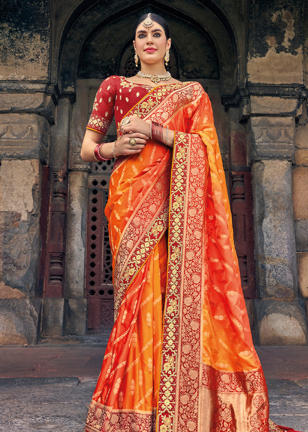 Buy MySilkLove Jaffa Orange Zari Woven Designer Banarasi Saree Online