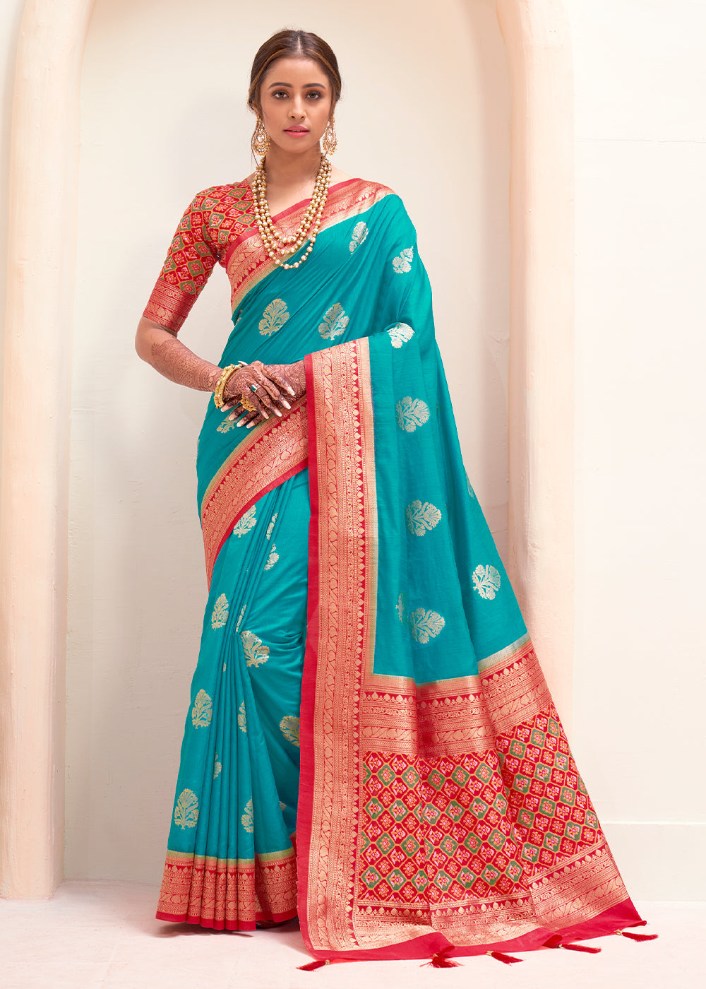 Buy MySilkLove Blue Chill and Red Zari Woven Banarasi Silk Saree Online