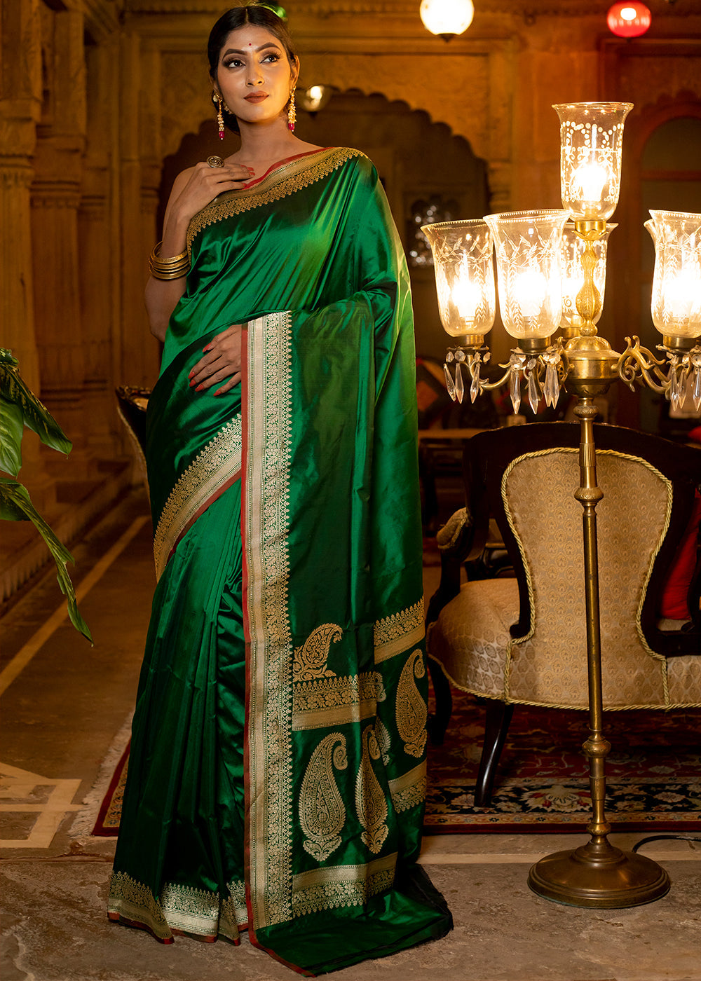 Buy MySilkLove Dark Green Hand Woven Katan Pure Silk Saree Online