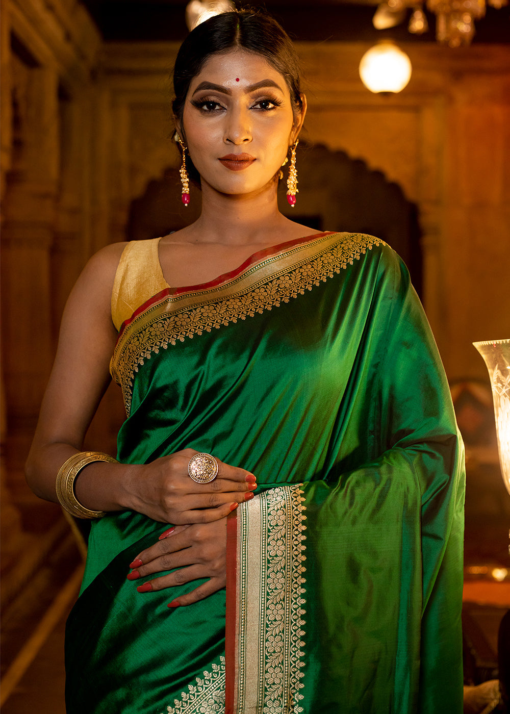 Buy MySilkLove Dark Green Hand Woven Katan Pure Silk Saree Online