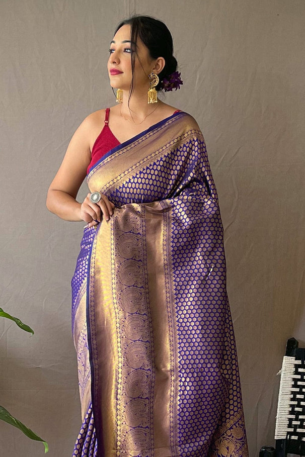 Buy MySilkLove Midnight Pearl Purple Kanjivaram Silk Saree Online