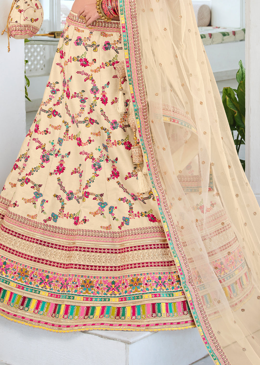 Buy MySilkLove Barley Cream Heavy Embroidered Silk Lehenga Online