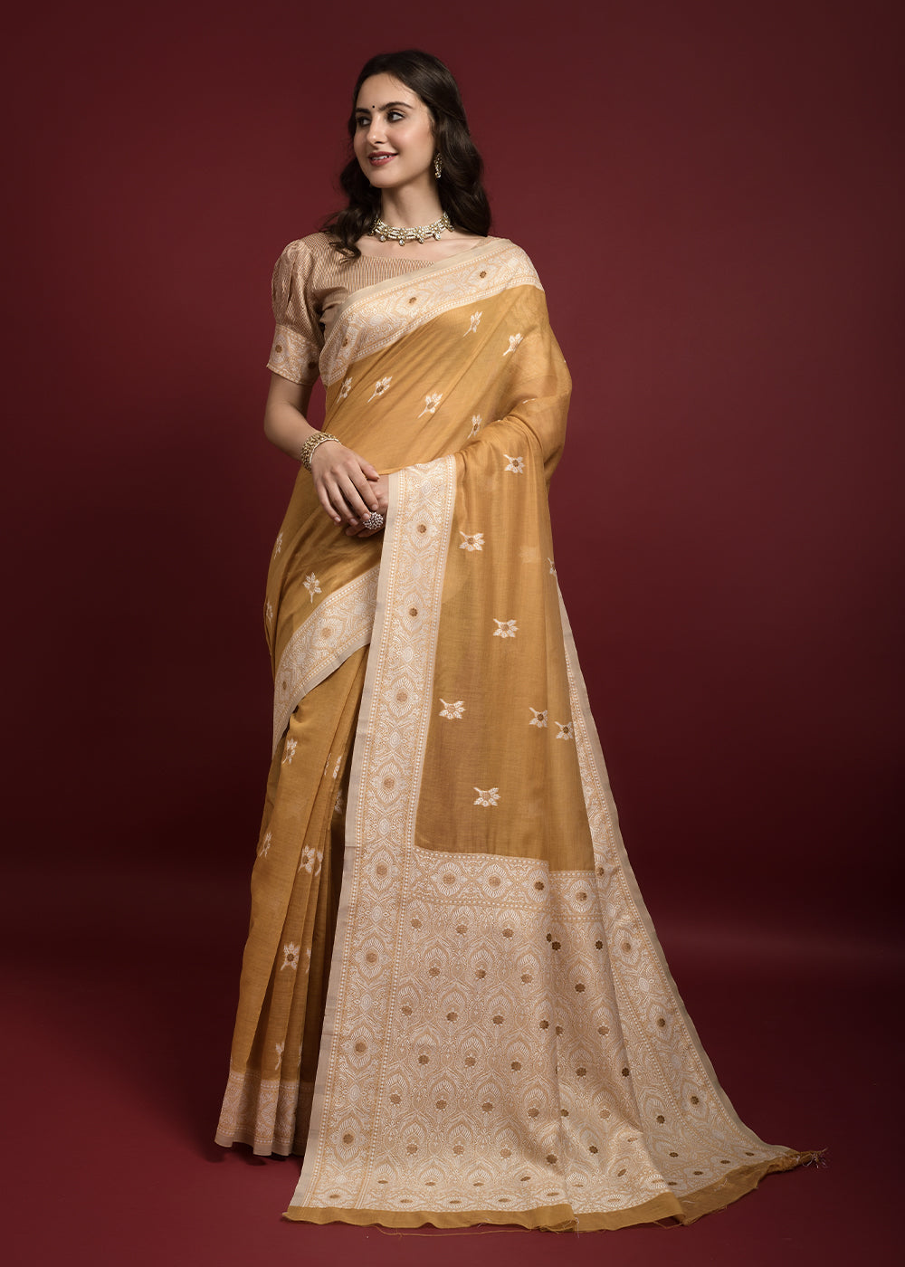 Buy MySilkLove Sunset Yellow Chikankari Chanderi Cotton Woven Saree Online