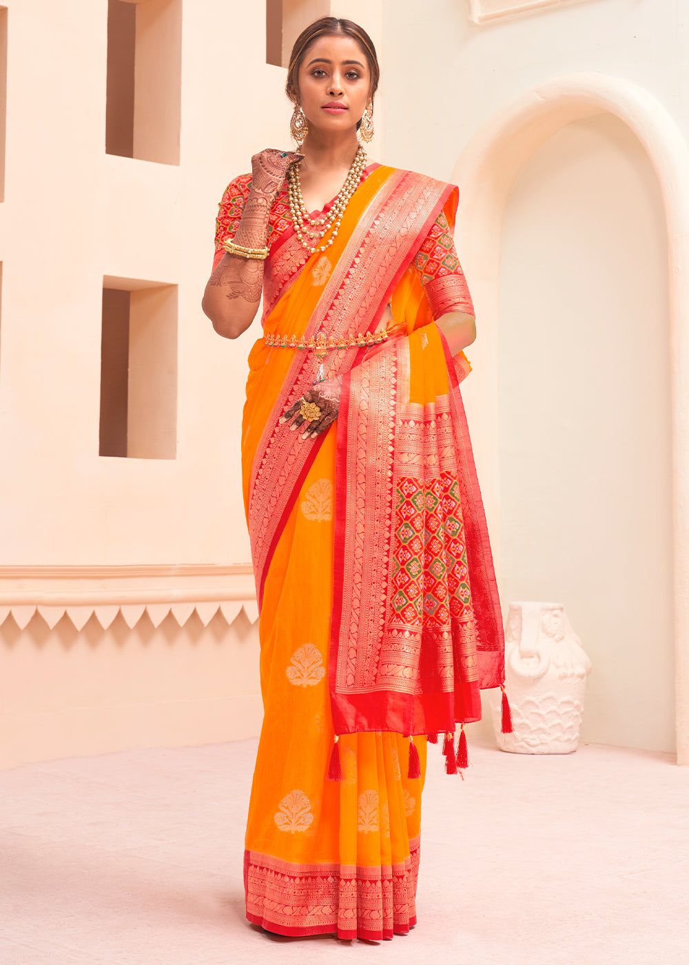 MySilkLove Crusta Orange and Red Zari Woven Banarasi Silk Saree