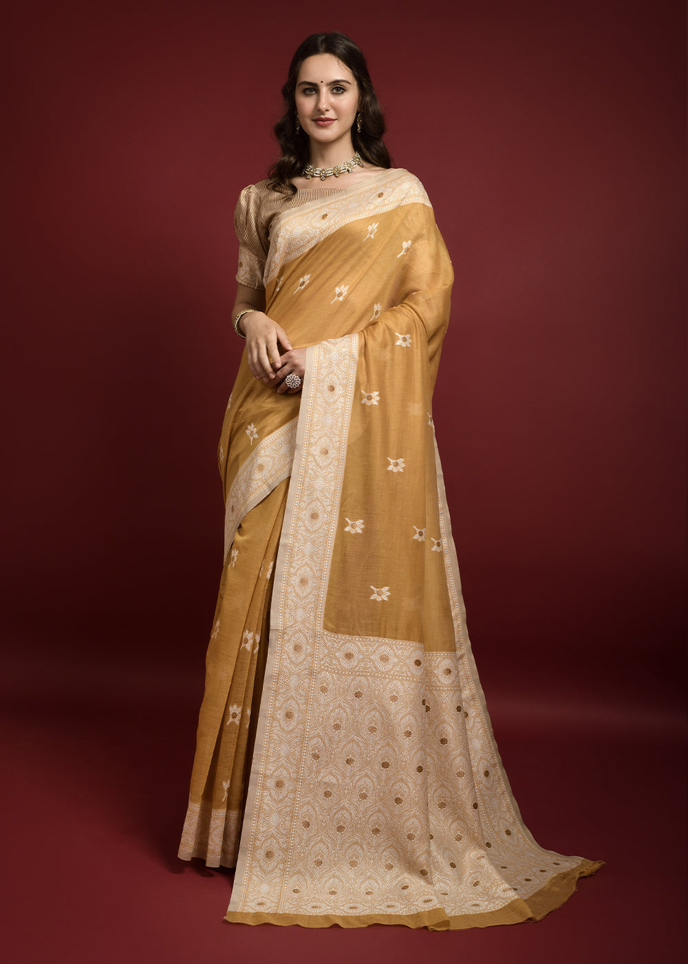 Buy MySilkLove Sunset Yellow Chikankari Chanderi Cotton Woven Saree Online