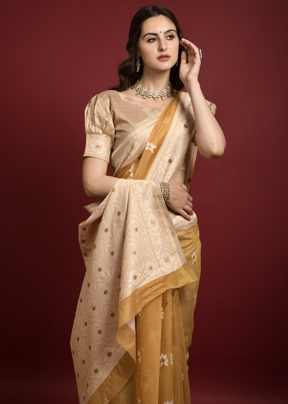 Buy MySilkLove Sunset Yellow Chikankari Chanderi Cotton Woven Saree Online