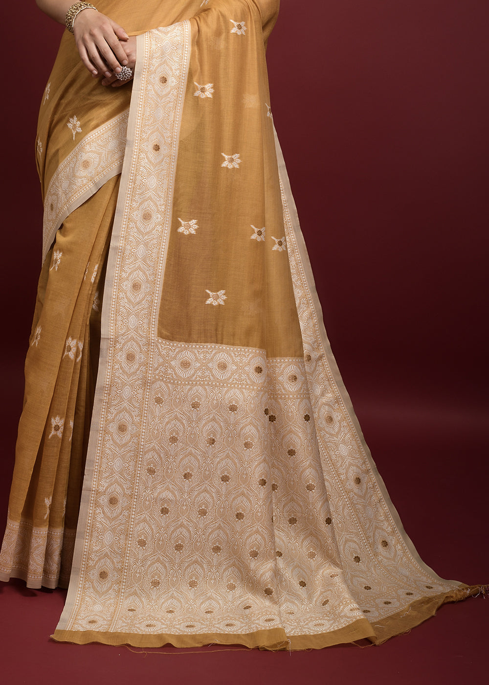 Buy MySilkLove Sunset Yellow Chikankari Chanderi Cotton Woven Saree Online