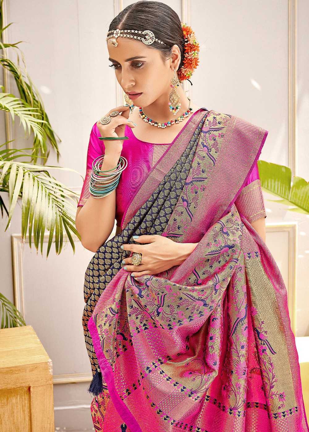 Buy MySilkLove Flint Blue and Pink Zari Woven Banarasi Saree Online