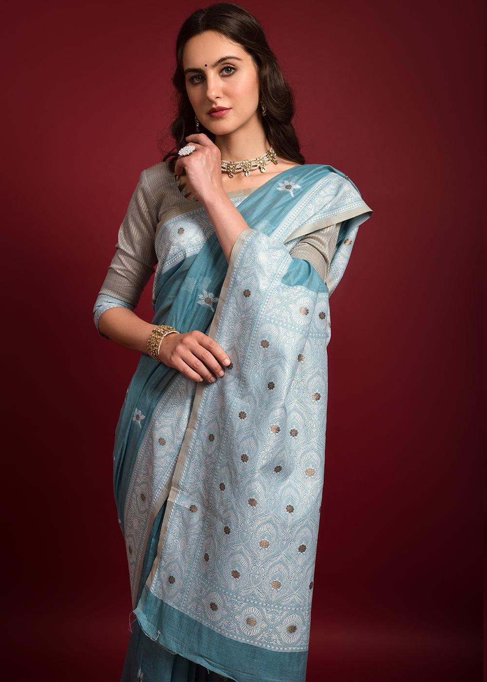 Buy MySilkLove Gothic Blue Chikankari Chanderi Cotton Woven Saree Online