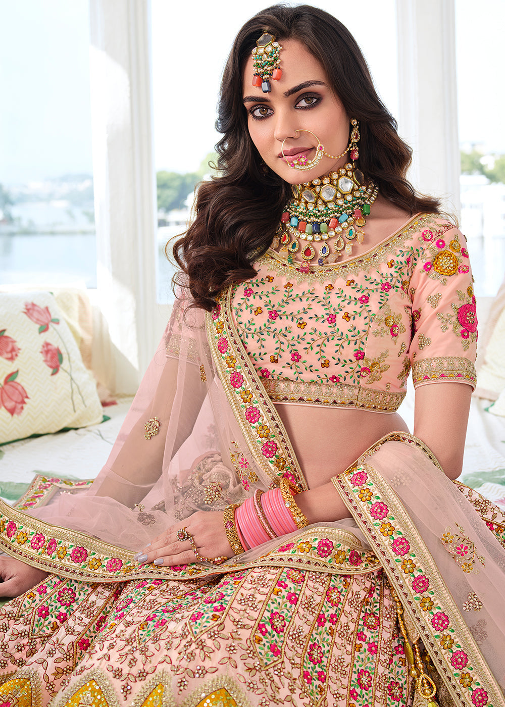 Buy MySilkLove Apricot Pink Heavy Embroidered Organza Lehenga Online