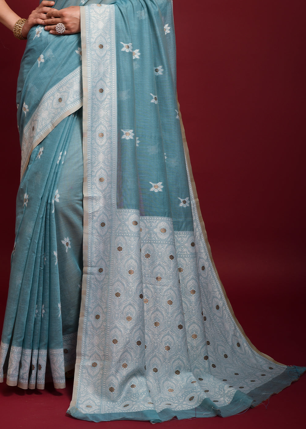 Buy MySilkLove Gothic Blue Chikankari Chanderi Cotton Woven Saree Online