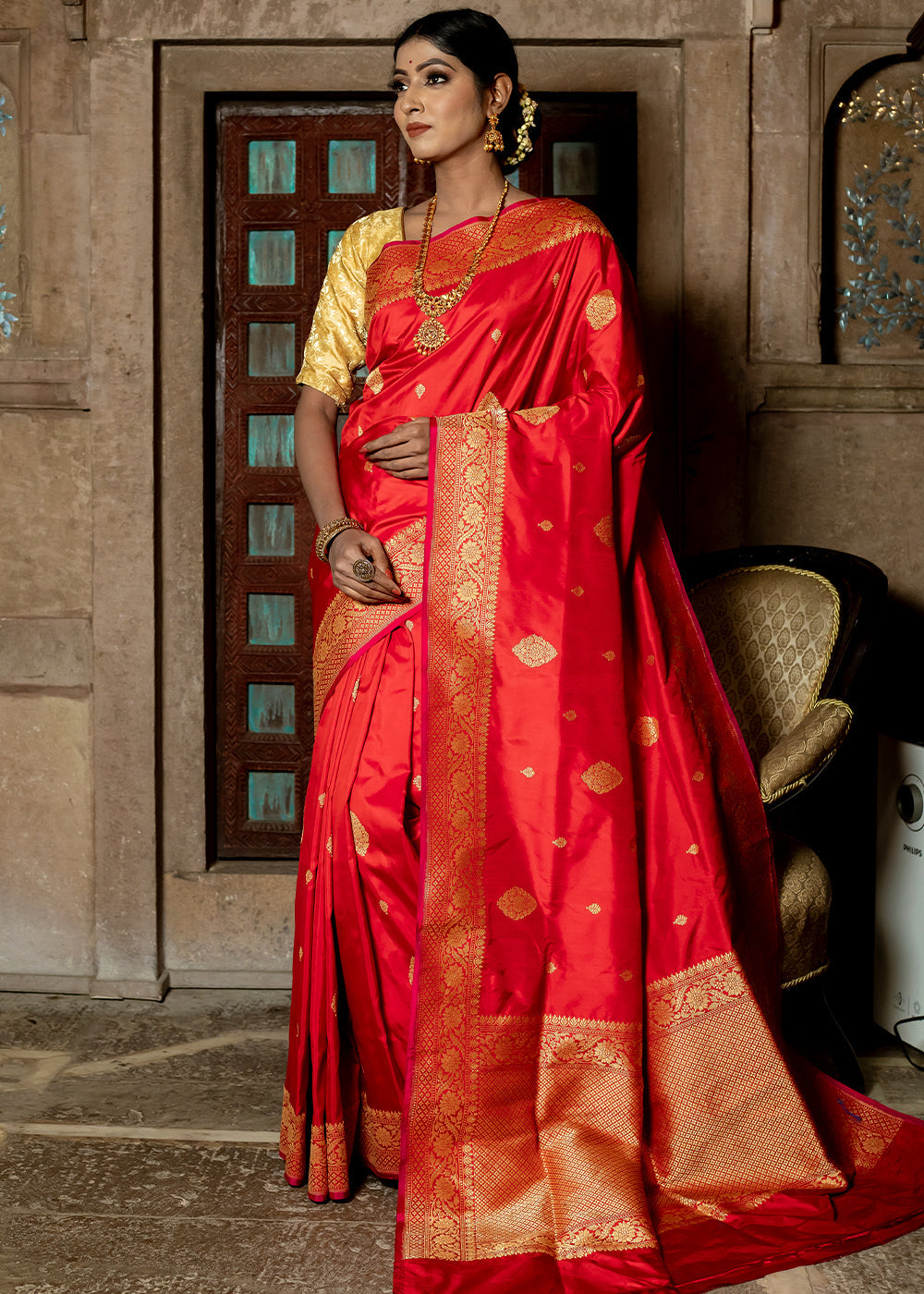 Buy MySilkLove Monza Red Hand Woven Katan Pure Silk Saree Online