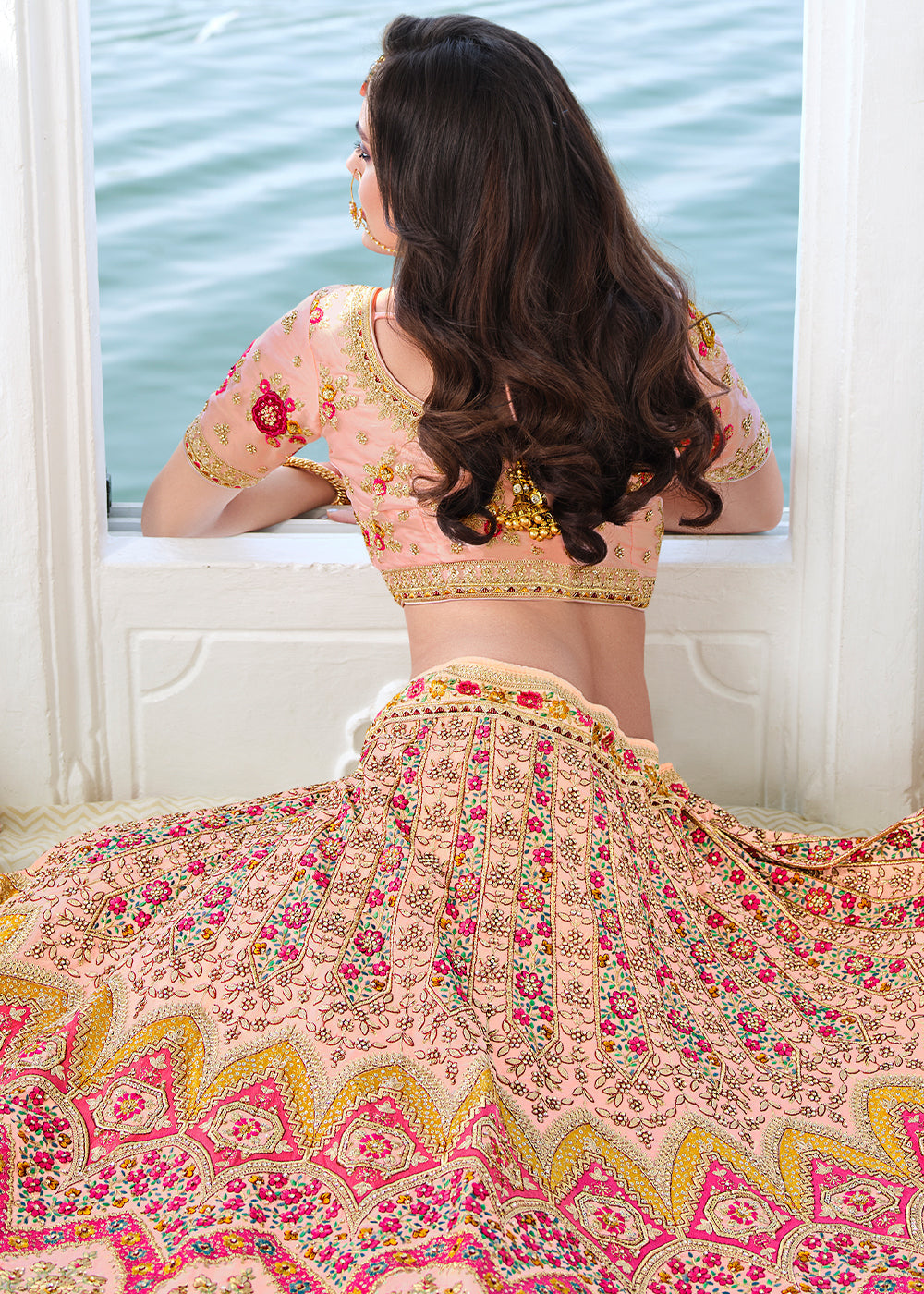 Buy MySilkLove Apricot Pink Heavy Embroidered Organza Lehenga Online