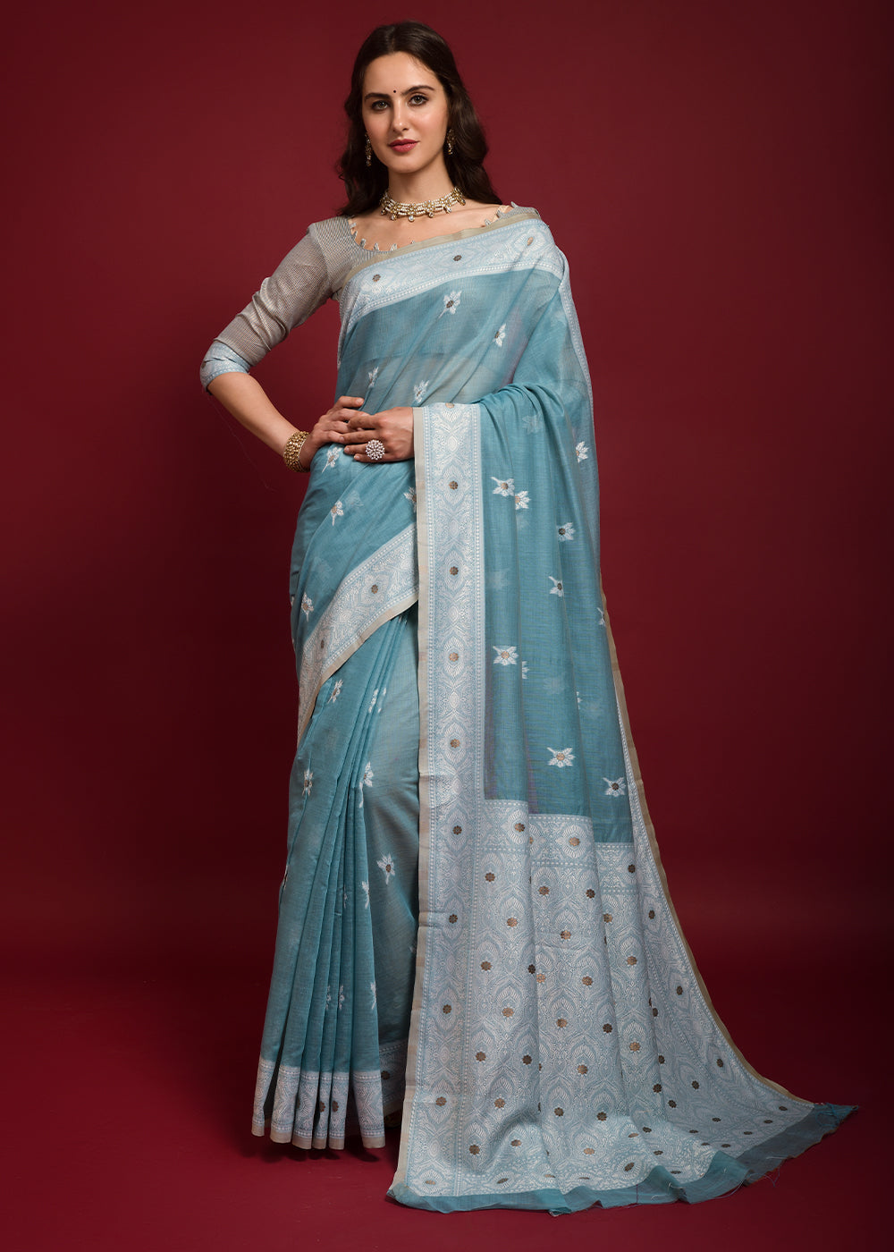 Buy MySilkLove Gothic Blue Chikankari Chanderi Cotton Woven Saree Online