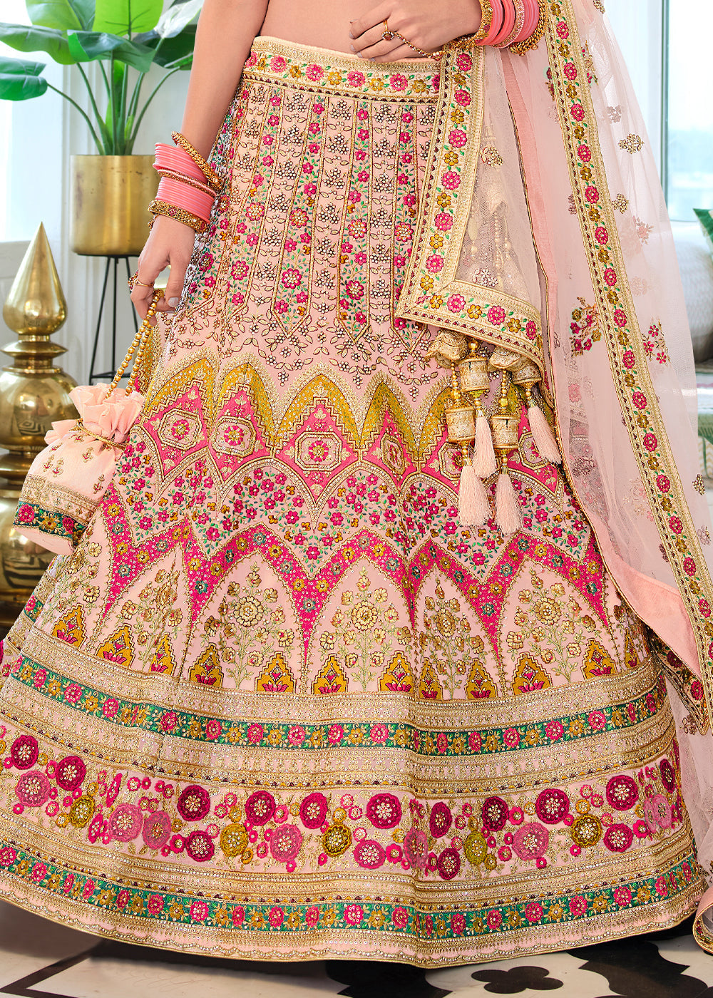 Buy MySilkLove Apricot Pink Heavy Embroidered Organza Lehenga Online