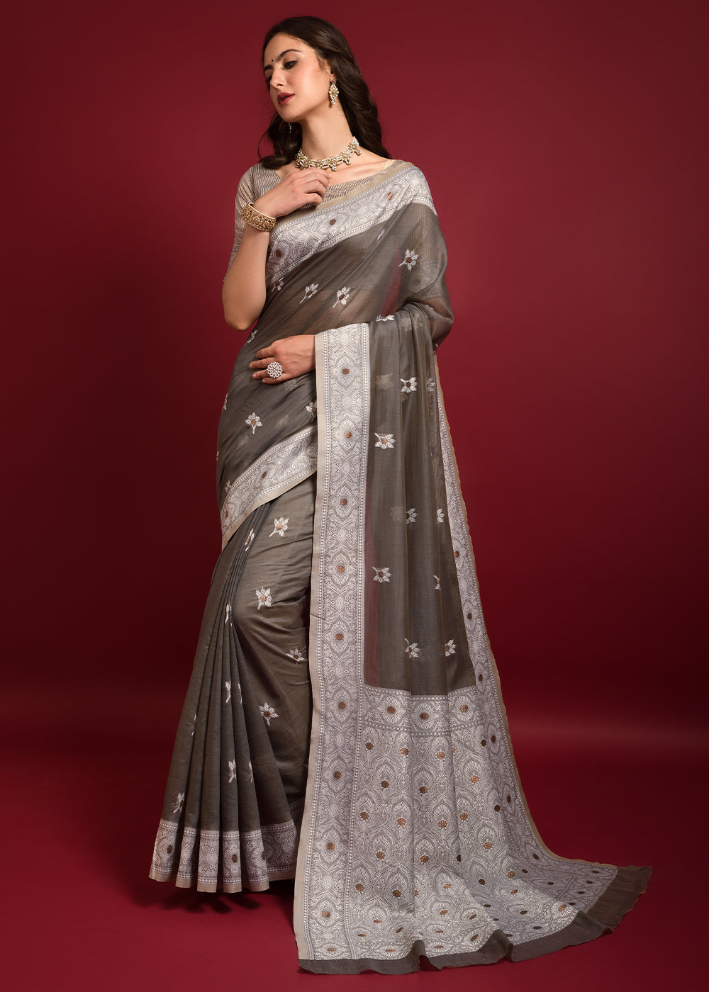 Buy MySilkLove Taupe Grey Chikankari Chanderi Cotton Woven Saree Online