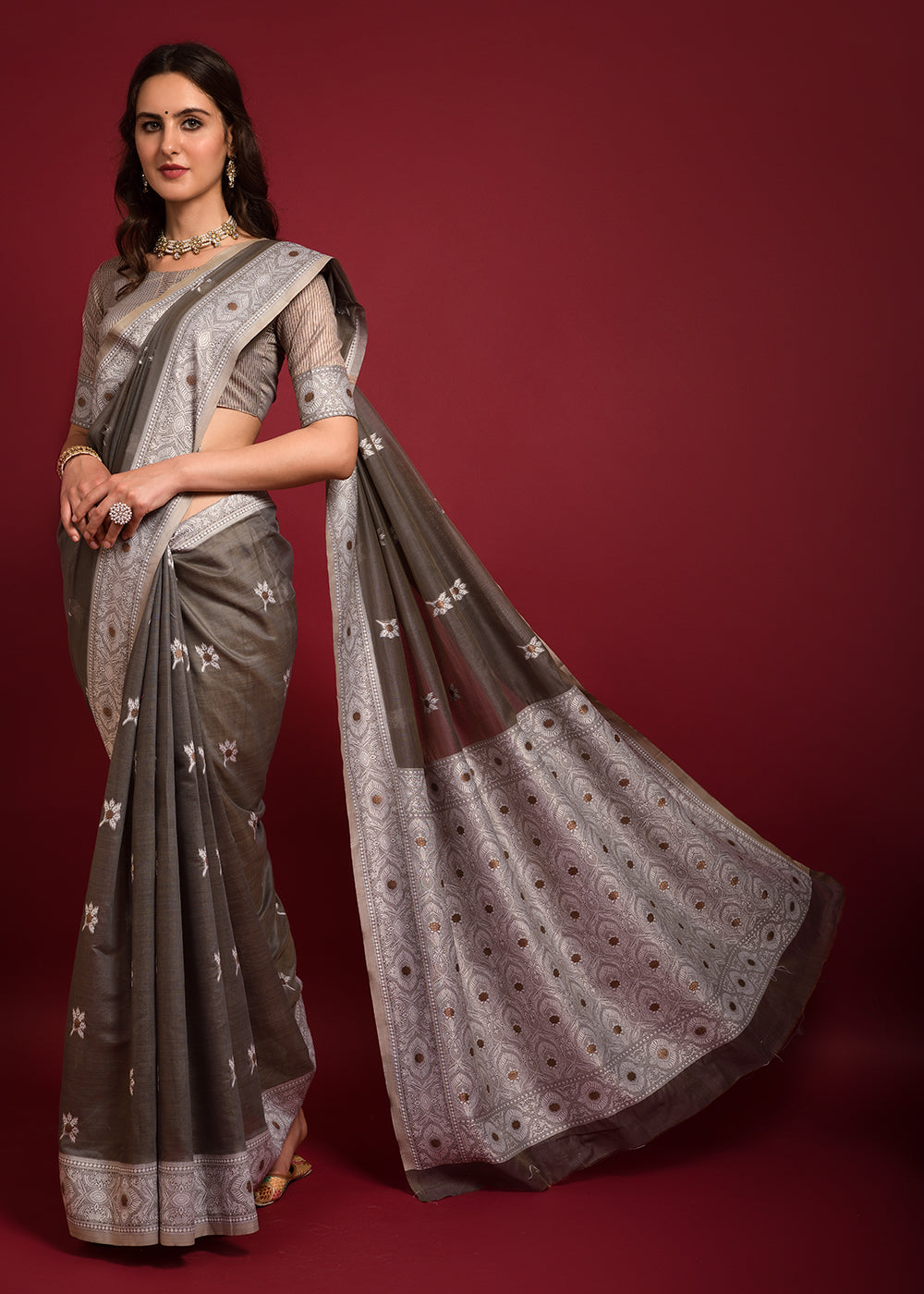 Buy MySilkLove Taupe Grey Chikankari Chanderi Cotton Woven Saree Online