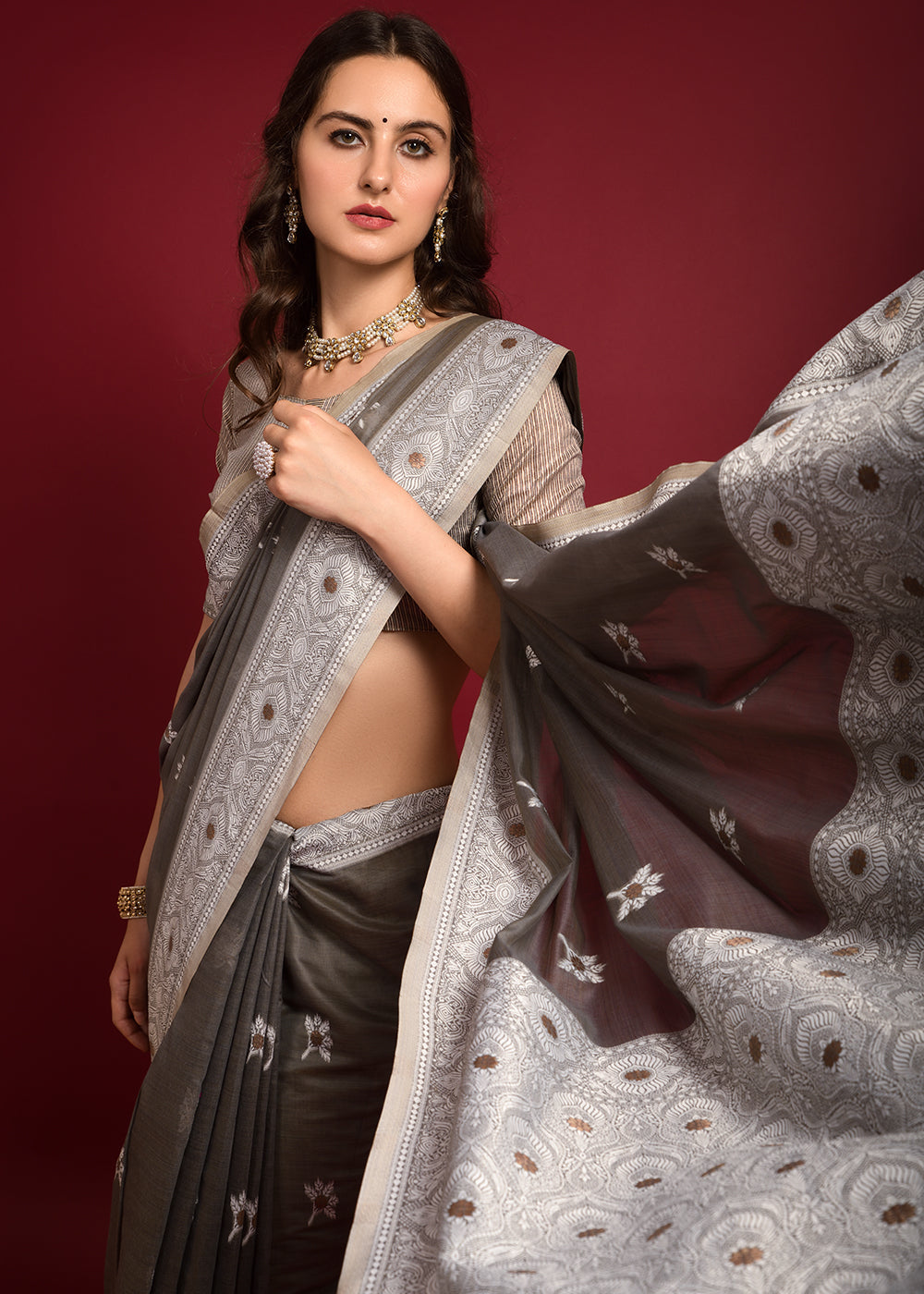 Buy MySilkLove Taupe Grey Chikankari Chanderi Cotton Woven Saree Online