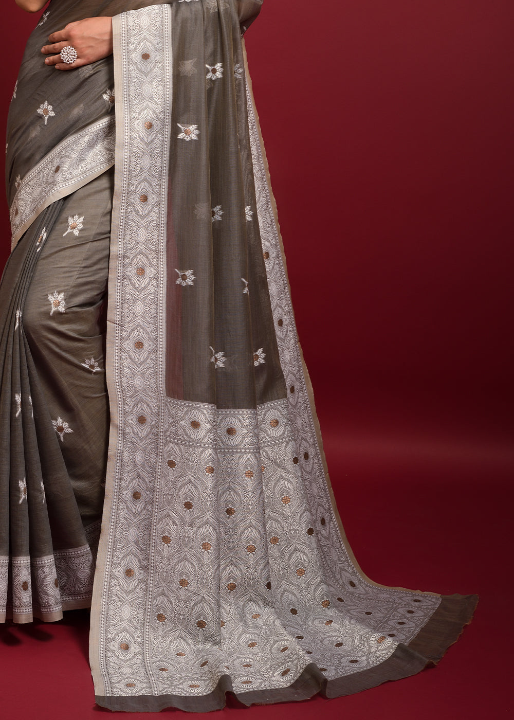 Buy MySilkLove Taupe Grey Chikankari Chanderi Cotton Woven Saree Online