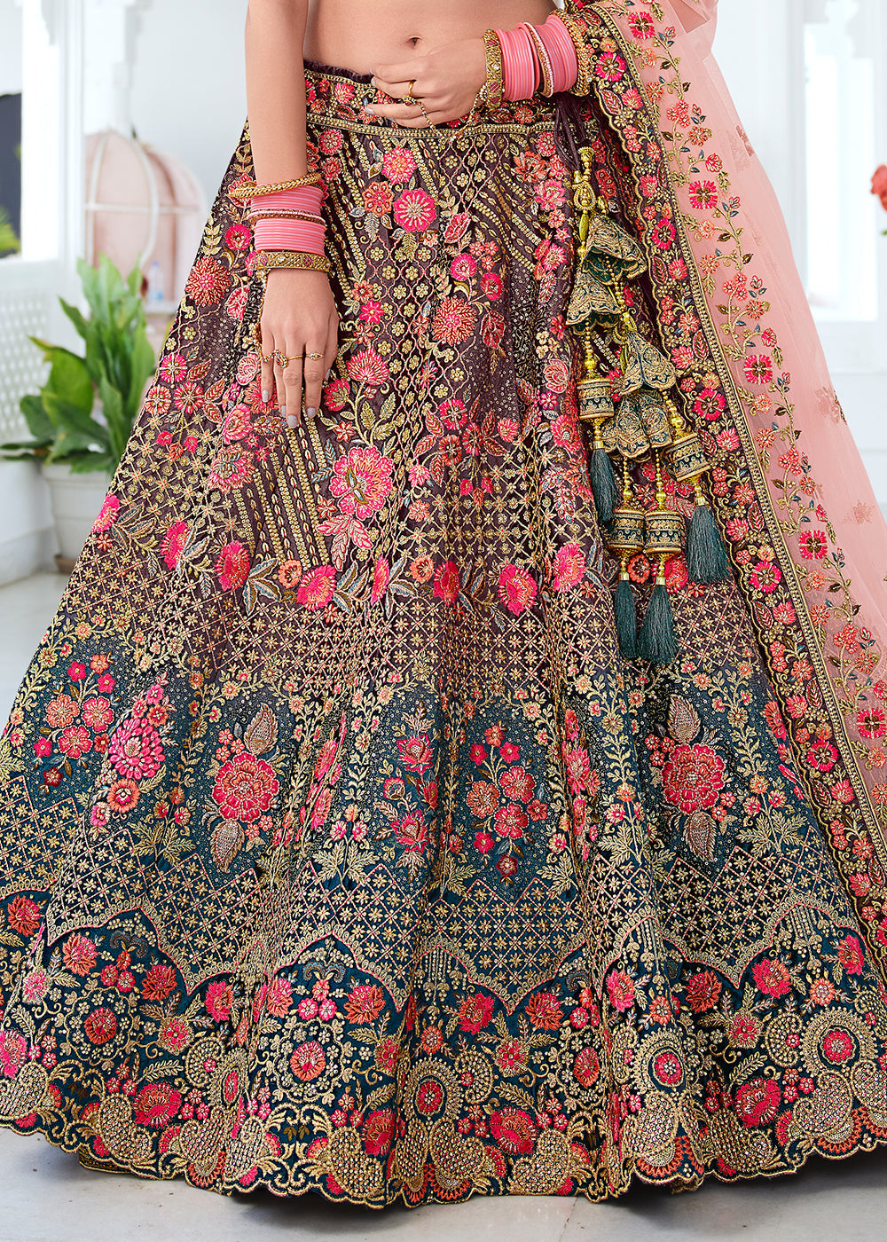 Buy MySilkLove Roman Grey and Blue Dual Tone Heavy Embroidered Velvet Lehenga Online