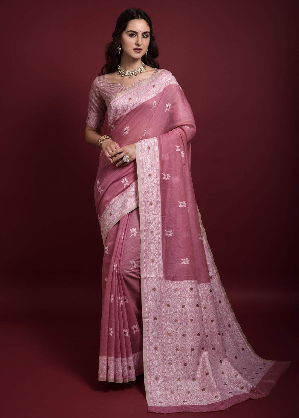 Buy MySilkLove Turkish Rose Pink Chikankari Chanderi Cotton Woven Saree Online