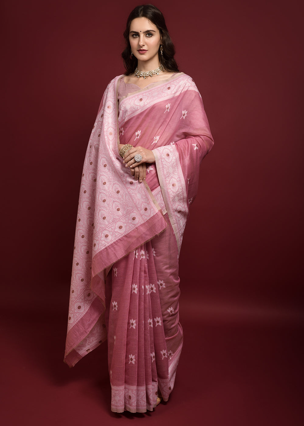 MySilkLove Turkish Rose Pink Chikankari Chanderi Cotton Woven Saree