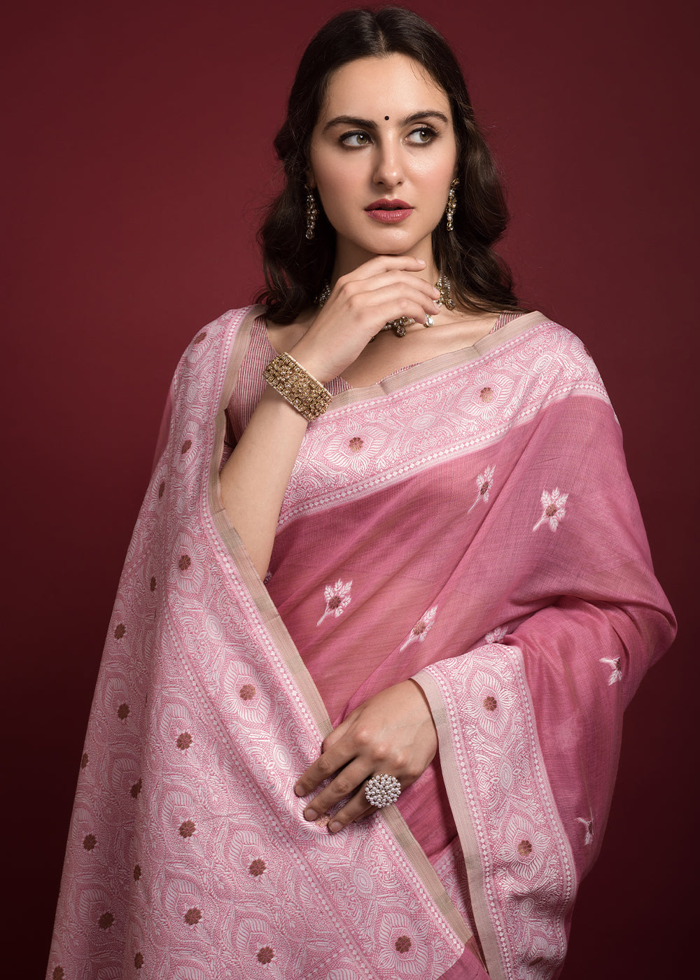 Buy MySilkLove Turkish Rose Pink Chikankari Chanderi Cotton Woven Saree Online