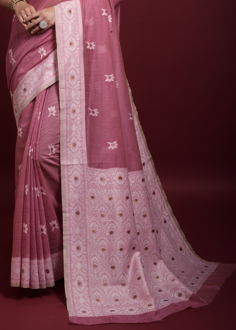 Buy MySilkLove Turkish Rose Pink Chikankari Chanderi Cotton Woven Saree Online