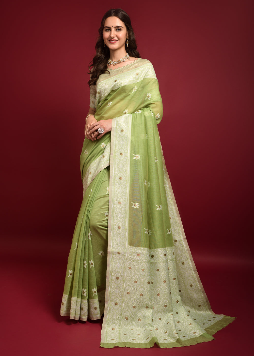 Buy MySilkLove Zombie Green Chikankari Chanderi Cotton Woven Saree Online