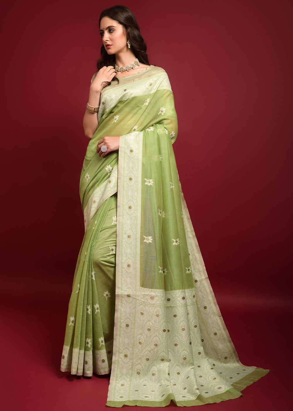 MySilkLove Zombie Green Chikankari Chanderi Cotton Woven Saree