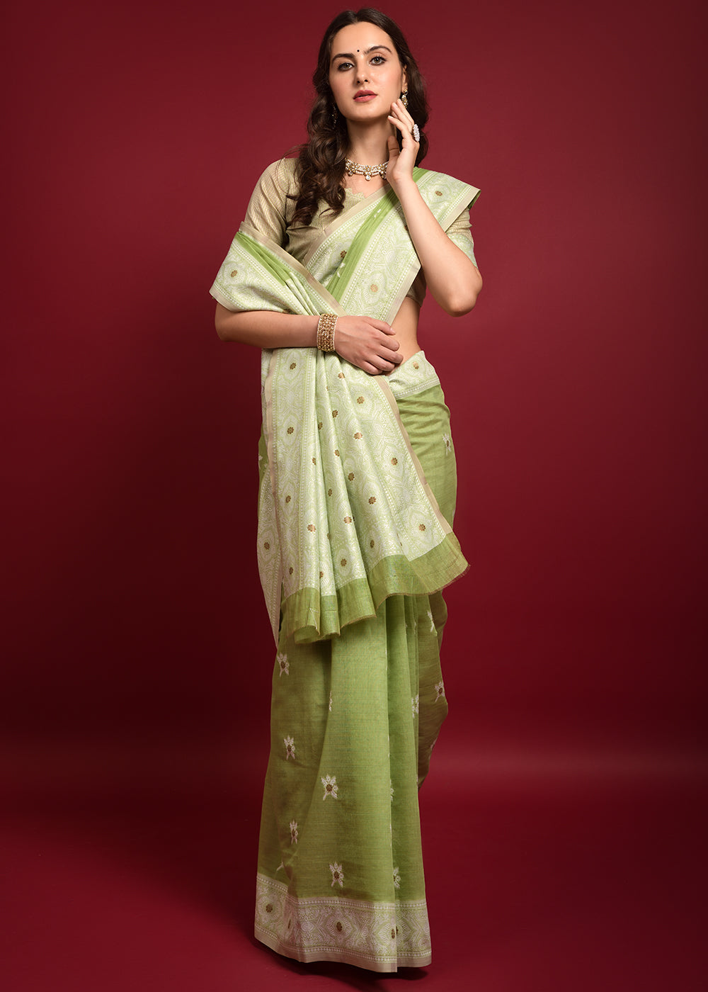 Buy MySilkLove Zombie Green Chikankari Chanderi Cotton Woven Saree Online