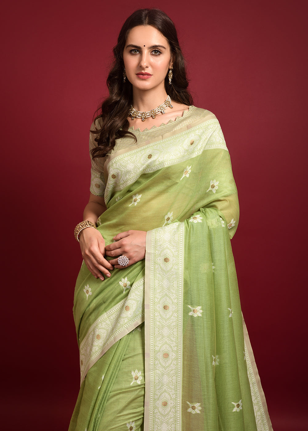 Buy MySilkLove Zombie Green Chikankari Chanderi Cotton Woven Saree Online