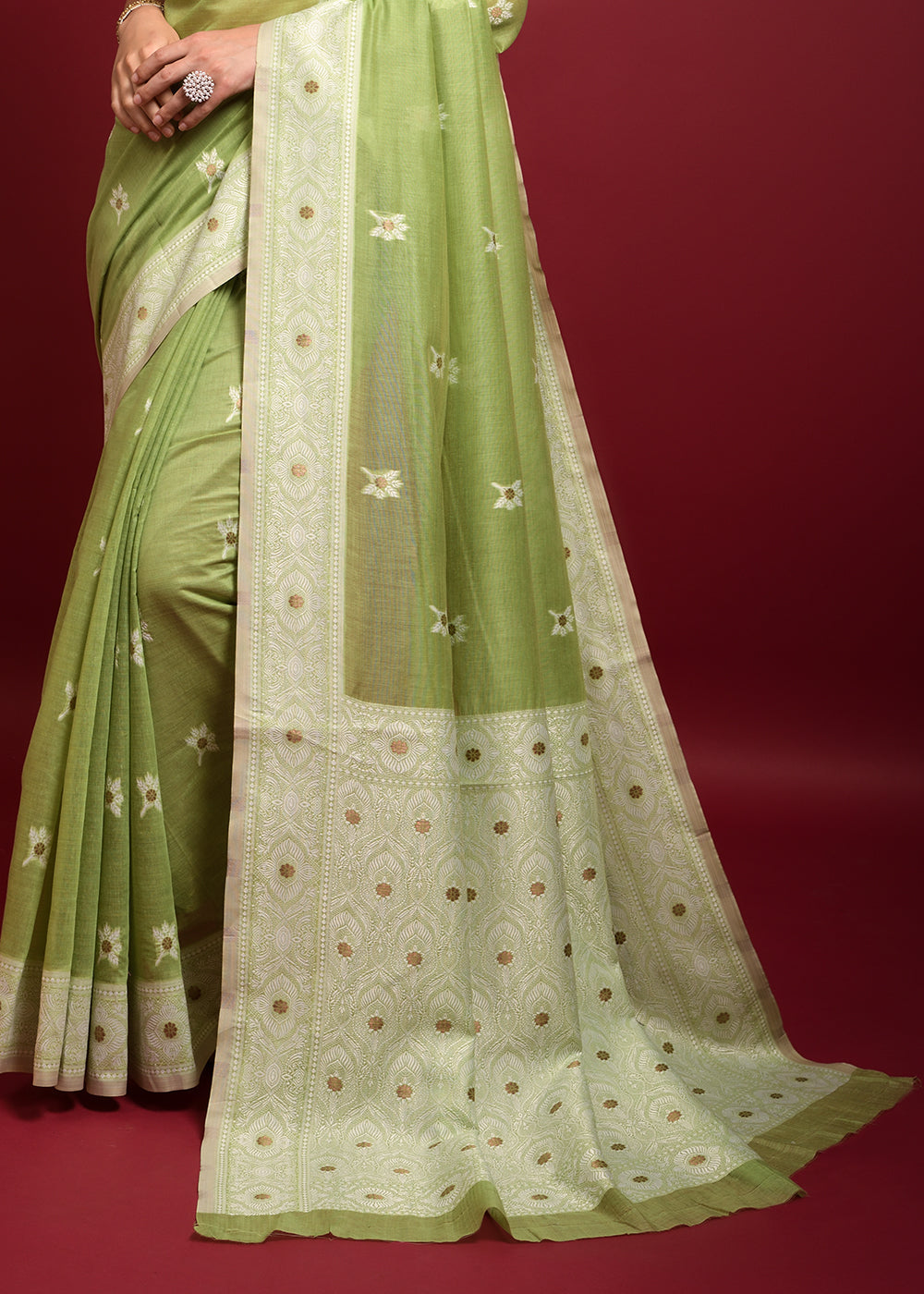 Buy MySilkLove Zombie Green Chikankari Chanderi Cotton Woven Saree Online