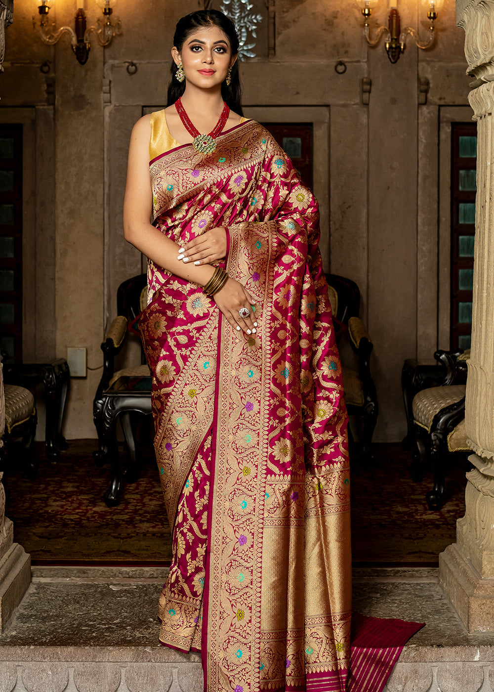 Buy MySilkLove Apple Blossom Maroon Hand Woven Katan Pure Silk Saree Online