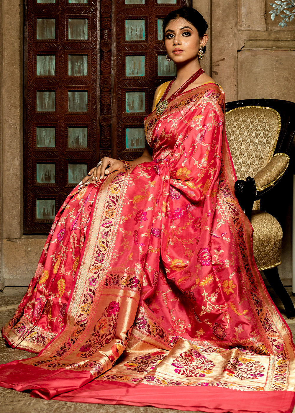 Buy MySilkLove Carnation Red Hand Woven Katan Pure Silk Saree Online