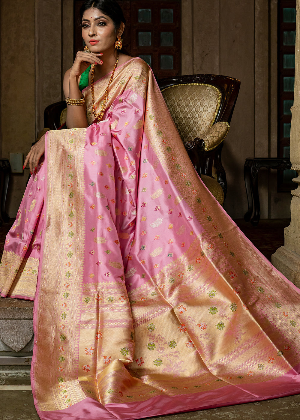 Buy MySilkLove Sea Pink Hand Woven Katan Pure Silk Saree Online