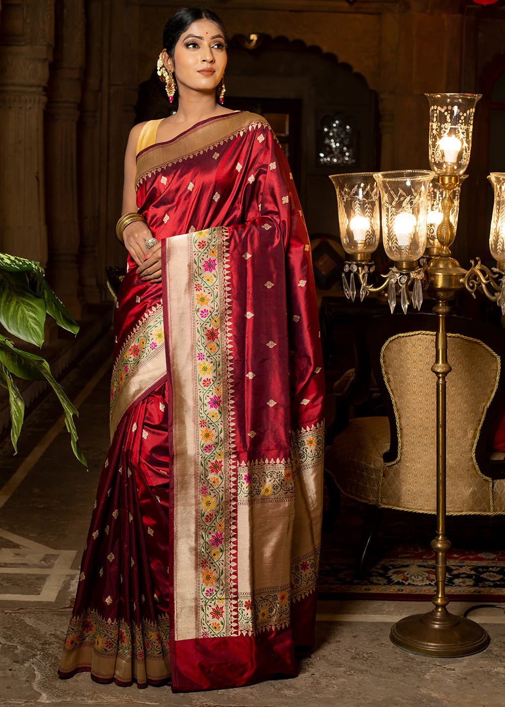 Buy MySilkLove Merlot Red Hand Woven Katan Pure Silk Saree Online