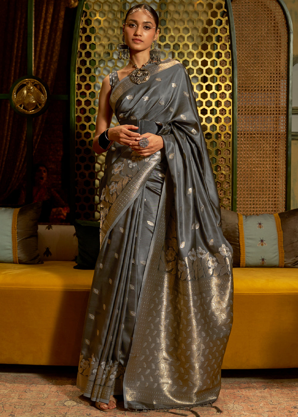 Buy MySilkLove Chicago Grey woven Banarasi Silk Saree Online