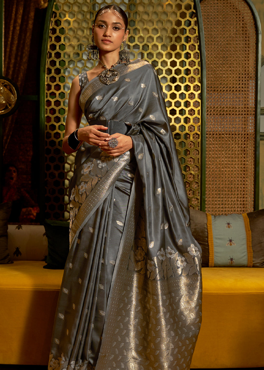 Buy MySilkLove Chicago Grey woven Banarasi Silk Saree Online