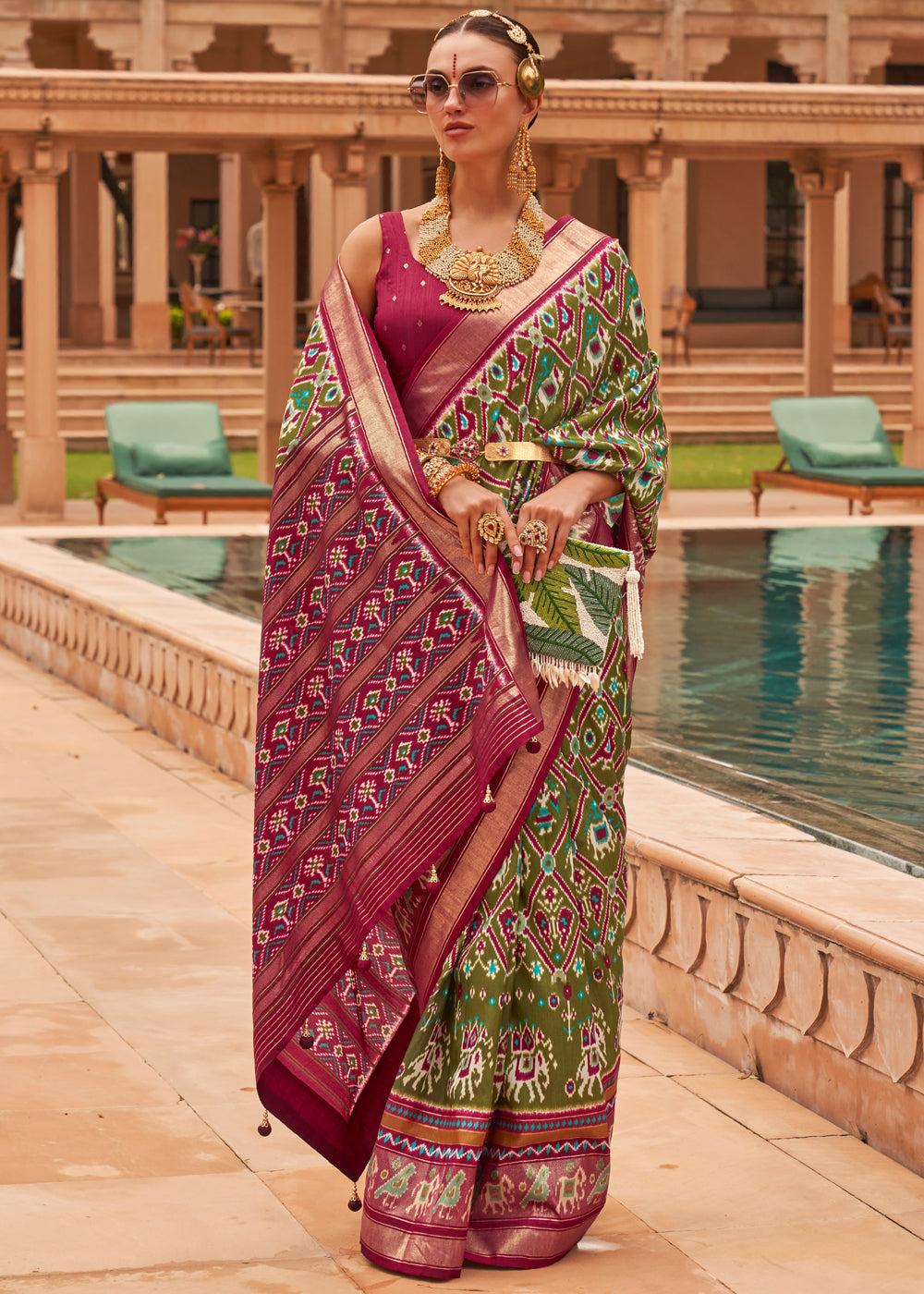 Buy MySilkLove Pesto Green and Maroon Woven Patola Silk Saree Online