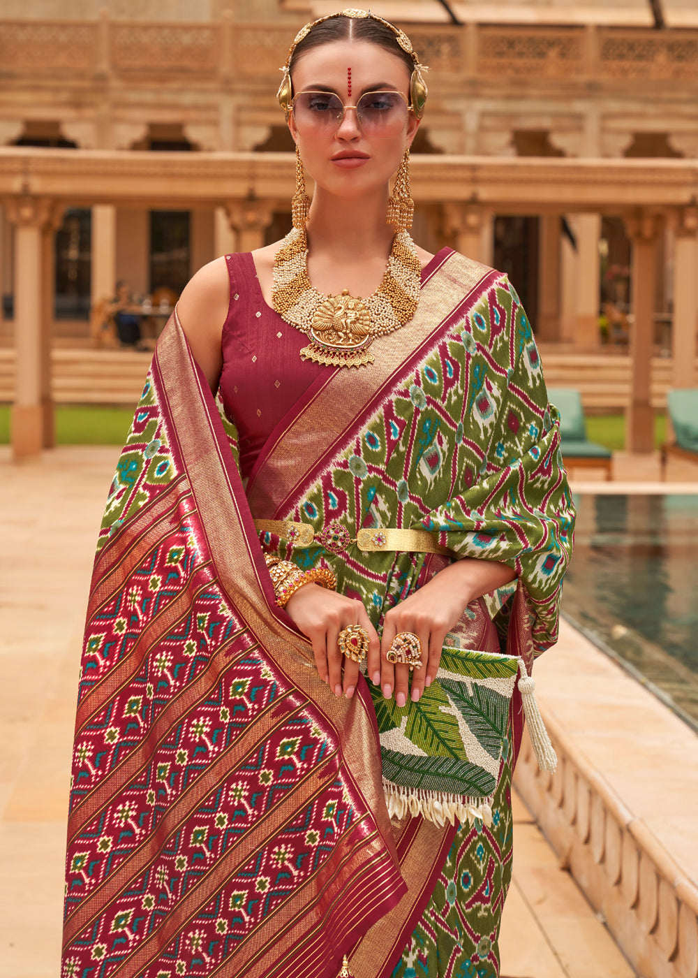 Buy MySilkLove Pesto Green and Maroon Woven Patola Silk Saree Online