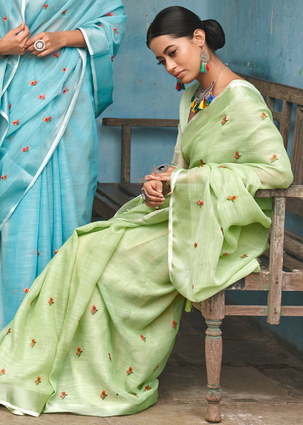 Buy MySilkLove Battleship Green Floral Embroidered Linen Saree Online