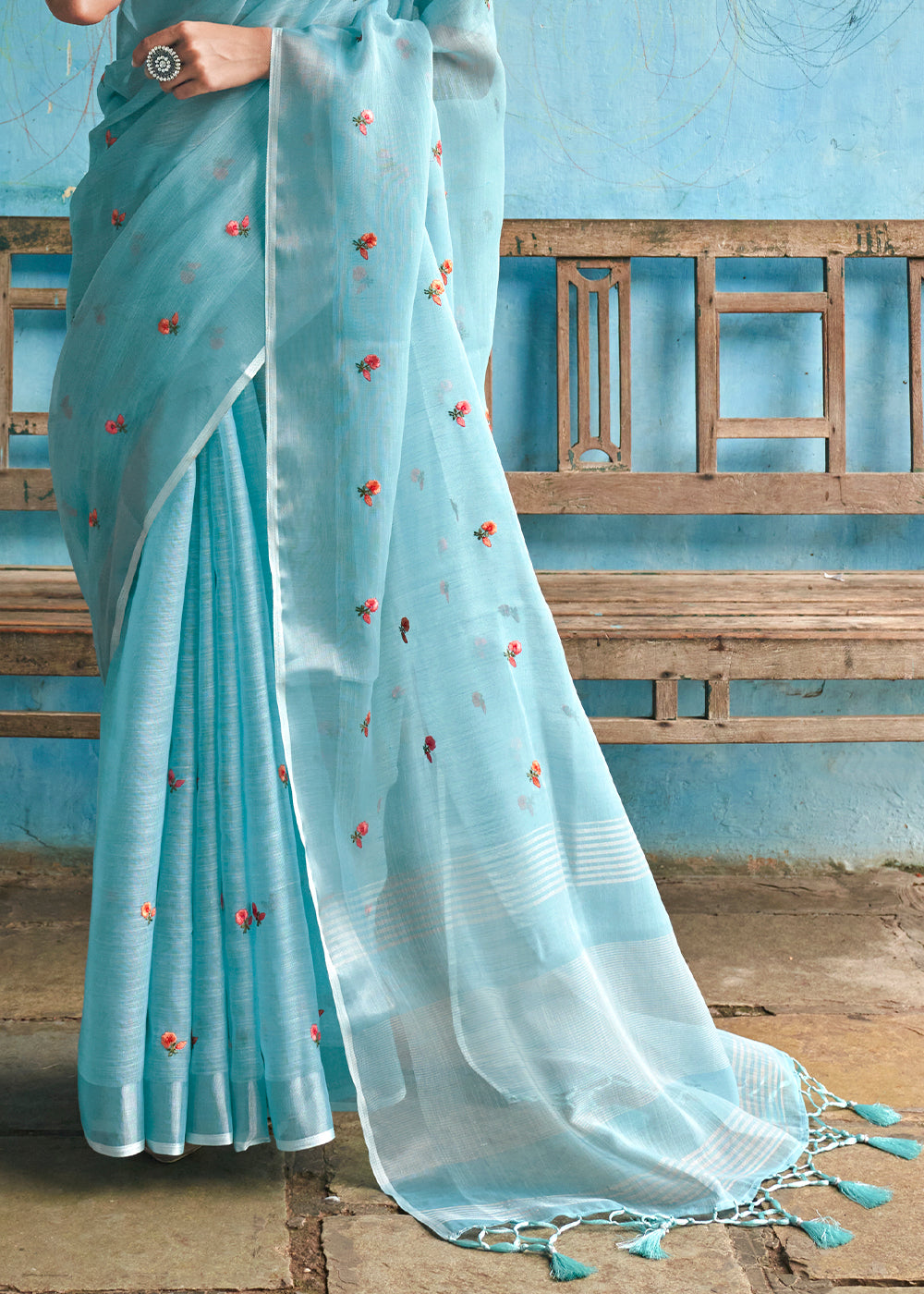 Buy MySilkLove Glacier Blue Floral Embroidered Linen Saree Online