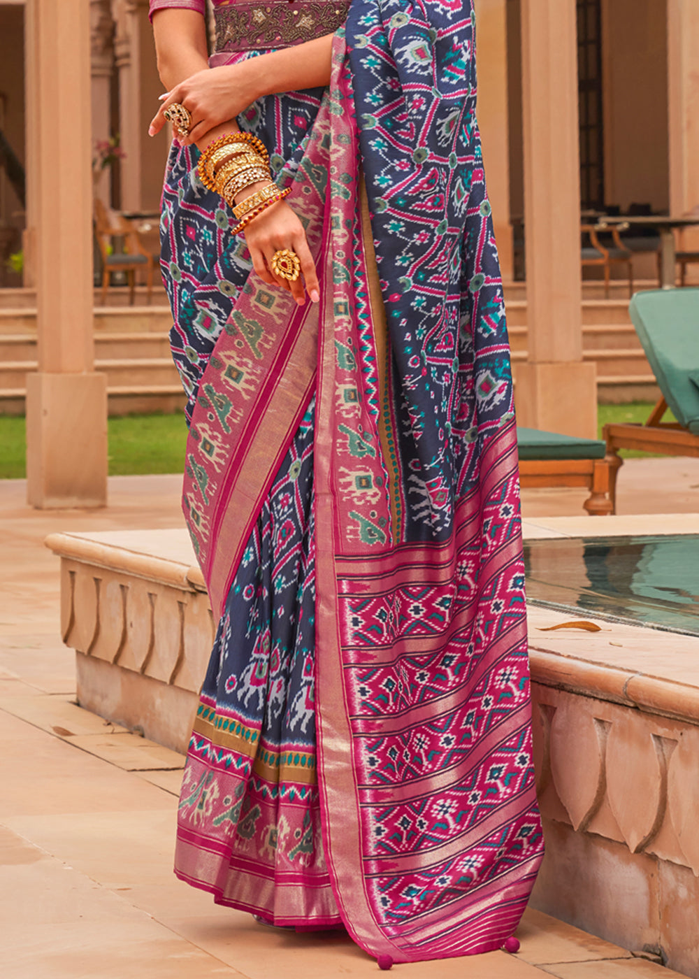 Buy MySilkLove Fiord Blue and Pink Woven Patola Silk Saree Online