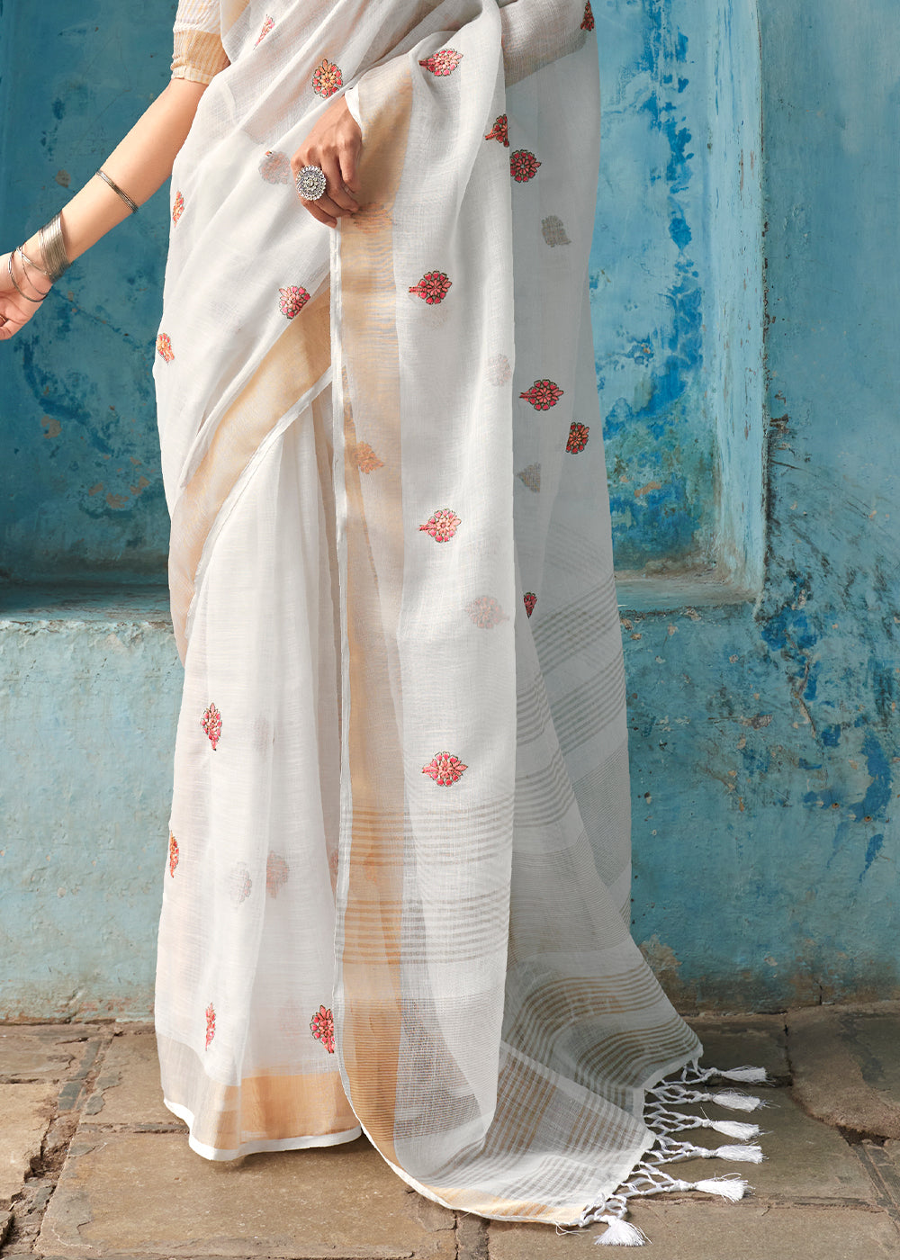 Buy MySilkLove Cararra White Floral Embroidered Linen Saree Online