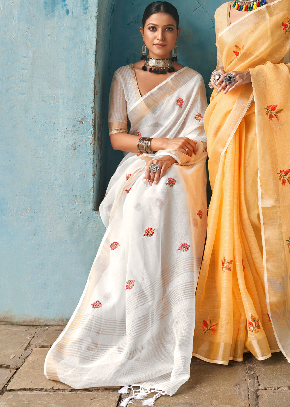 Buy MySilkLove Cararra White Floral Embroidered Linen Saree Online