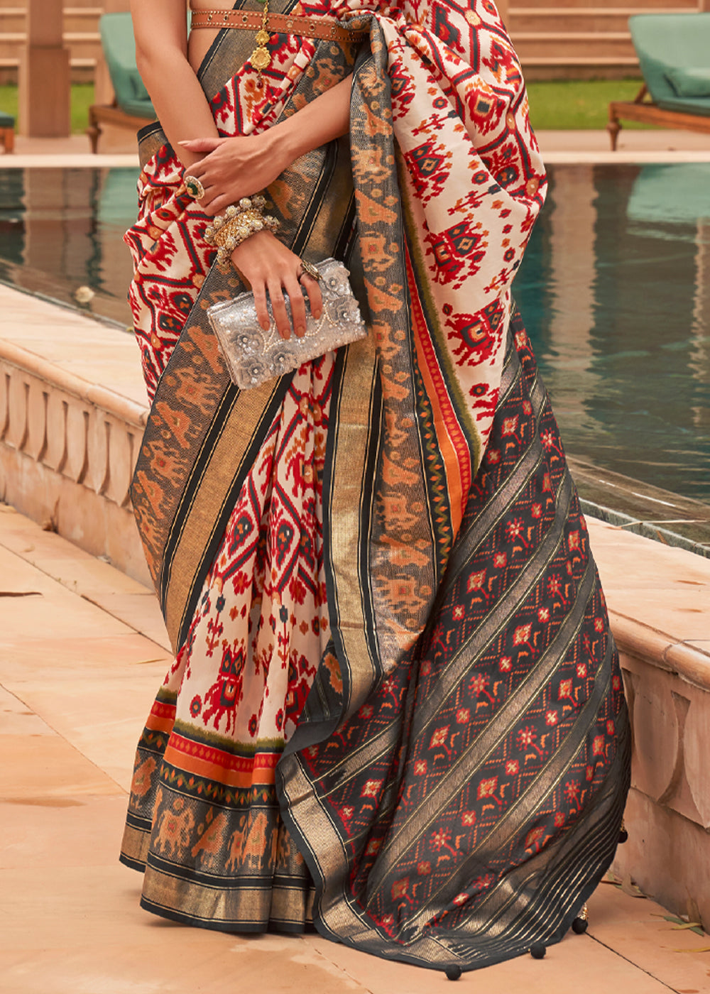 Buy MySilkLove White Red and Grey Woven Patola Silk Saree Online