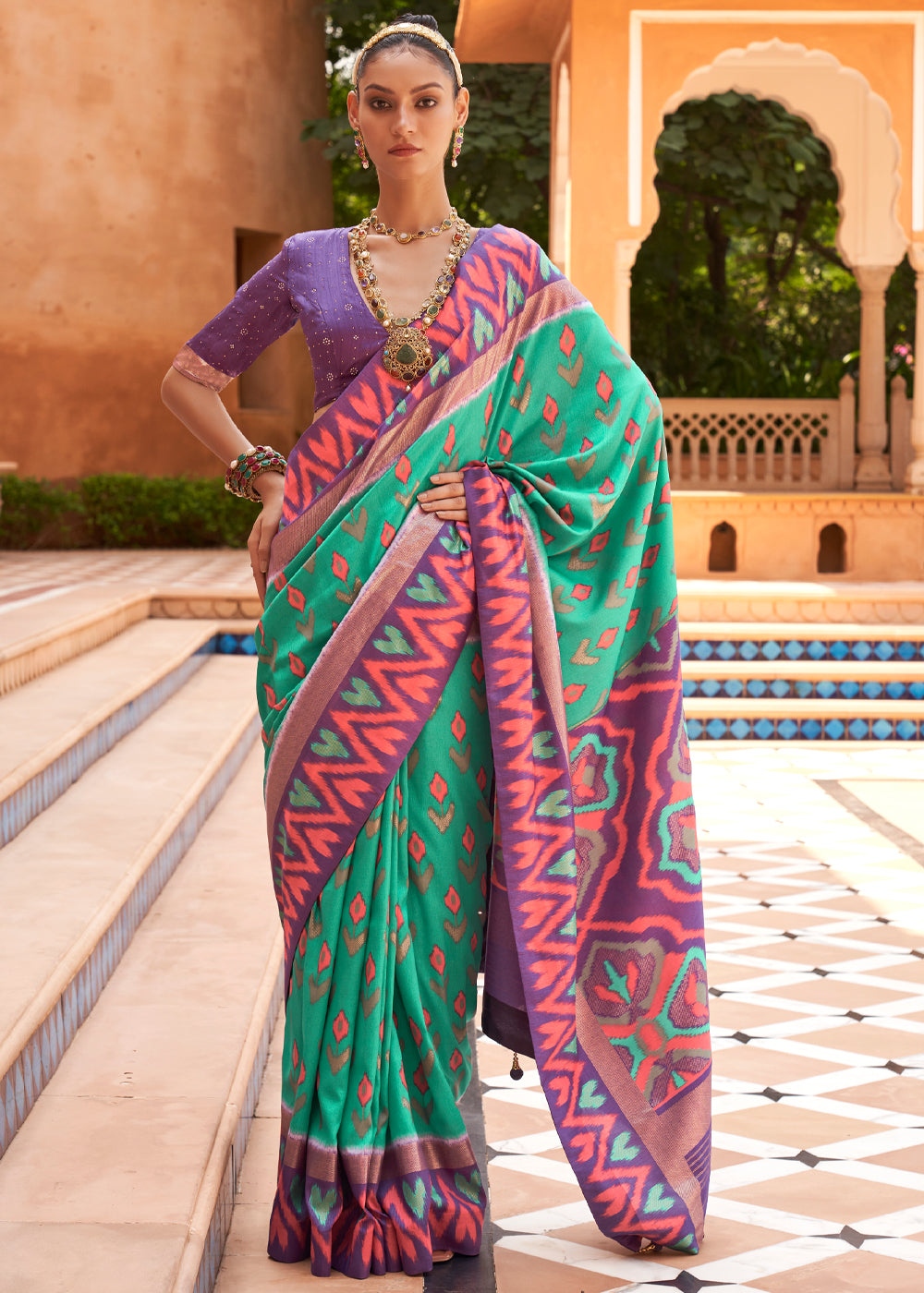 Buy MySilkLove Bay Leaf Green and Purple Patola Silk Saree Online