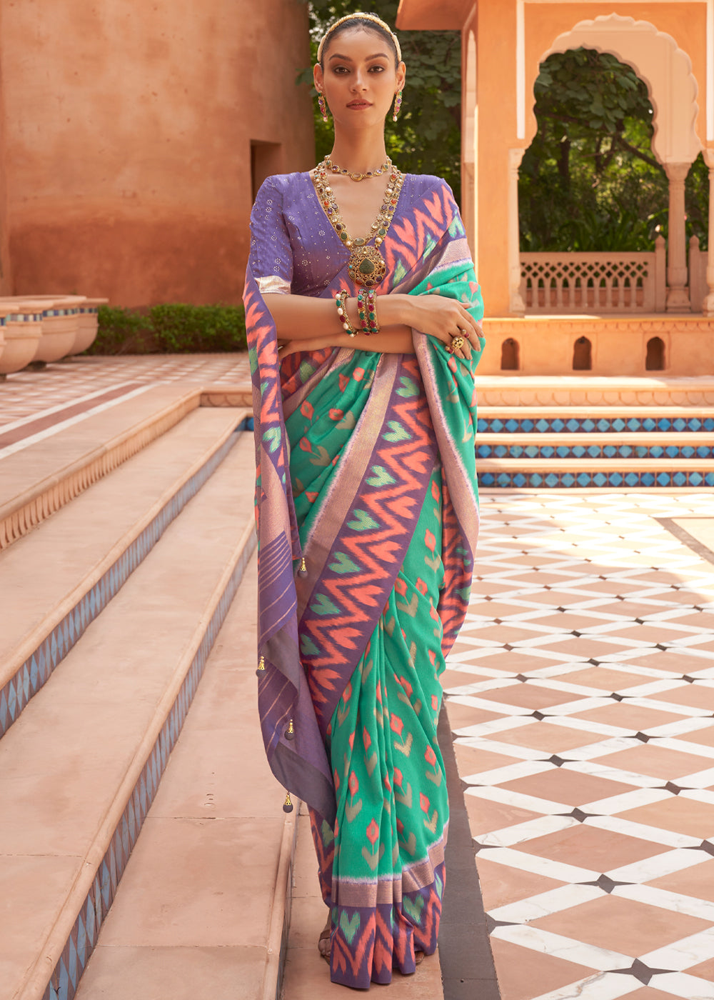 MySilkLove Bay Leaf Green and Purple Patola Silk Saree