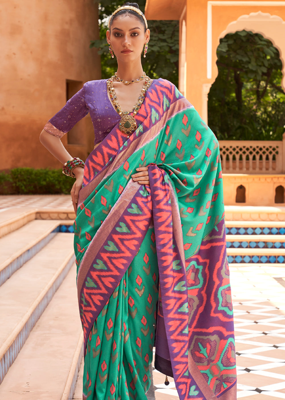 Buy MySilkLove Bay Leaf Green and Purple Patola Silk Saree Online